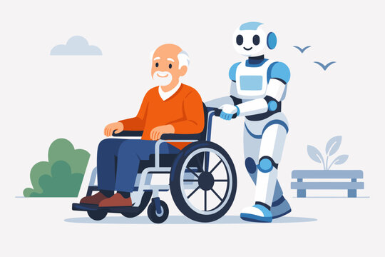 Flat vector illustration of a friendly robot assisting a senior man in a wheelchair outdoors. Concept of artificial intelligence in healthcare, elderly care, and futuristic assistive technology.