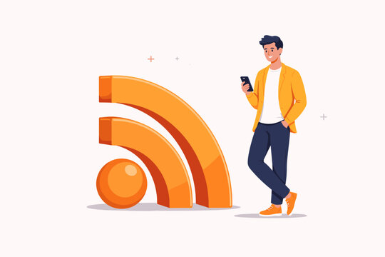 Man standing next to a large 3D orange RSS feed icon while using a smartphone. Flat vector illustration for digital news subscription, content updates, blog syndication, and modern technology.