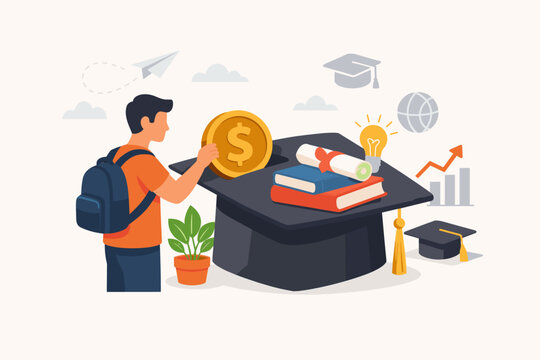 Flat vector illustration of a young man putting a dollar coin into a giant graduation cap, representing investment in education, tuition fees, student loans, and saving for college success.