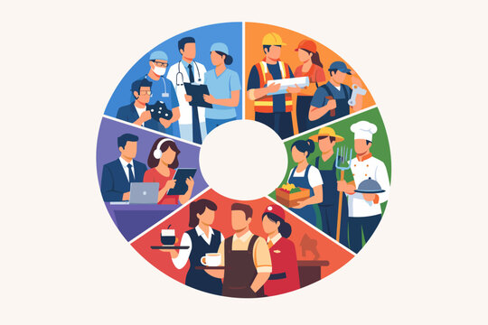 Flat vector illustration of a circular pie chart featuring diverse professional occupations including healthcare, construction, agriculture, business, and hospitality for labor market concepts.