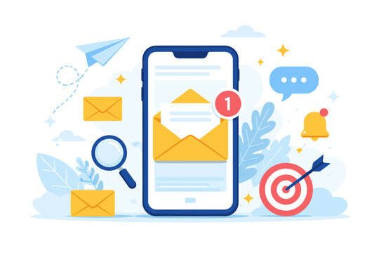 Smartphone showing an email notification with an open envelope. Flat vector illustration for digital marketing, mobile communication, newsletter subscription, and business messaging services.