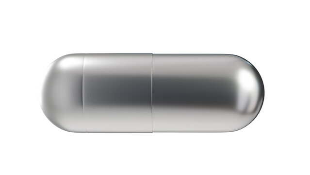 3D silver metallic medical capsule pill isolated on black background, Realistic 3D chrome pharmaceutical capsule for healthcare and science
Glossy silver and grey pill icon for medical and biotech