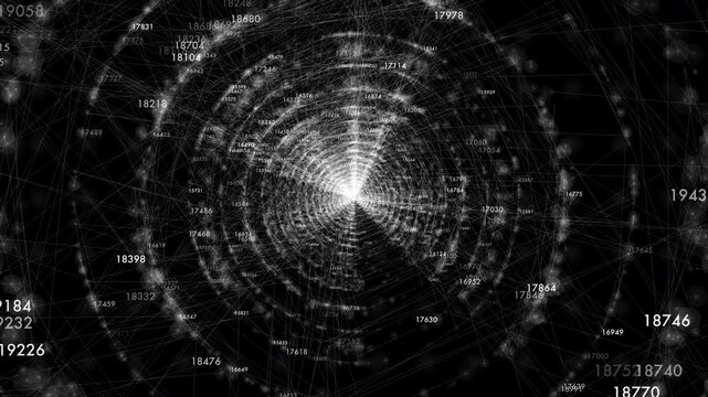 High-tech digital network with moving data streams and nodes. Ideal for quantum computing, machine learning, financial technology visuals, and futuristic IT presentations.