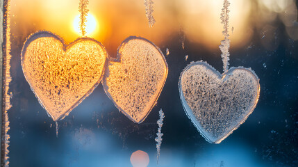 Fototapeta premium Three heart cutouts on a frosty window sparkle with warm sunset lighting, creating a romantic winter