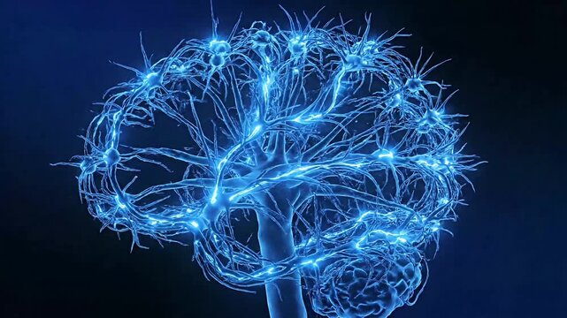 Human brain neural network glowing blue electric synapses futuristic technology concept vector illustration