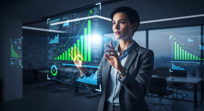 Businesswoman analyzing financial data on futuristic digital screen with green graphs and charts
