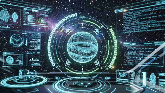 Futuristic Digital Interface in Deep Space - A futuristic digital interface with circular HUD elements displays data visualizations in deep space.