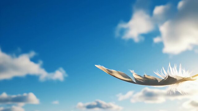 White Feather Floating on a Blue Sky - A single, graceful white feather gently floats in a bright blue sky dotted with soft, gentle clouds. The scene evokes feelings of serenity and peace.