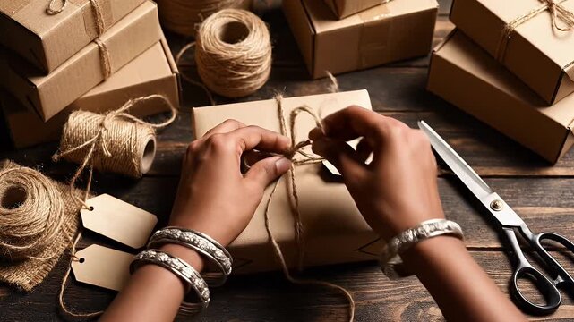 Preparing Cardboard Packages for Shipping - Close up shot of hands tying twine around a cardboard box, preparing it for shipping or gifting.