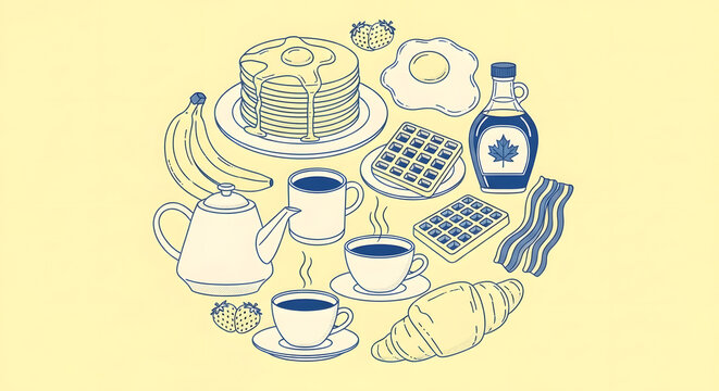A vibrant illustration of a delicious breakfast spread on a yellow background