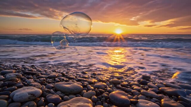 Iridescent Bubbles on Pebble Beach at Sunset - This stunning video captures iridescent soap bubbles floating over a pebble beach as gentle ocean waves roll in during a beautiful sunset.
