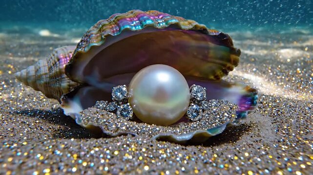 Iridescent Seashell Pearl and Diamonds - A large, iridescent seashell rests on sparkling sand underwater. Inside, a beautiful pearl is surrounded by glittering diamonds.