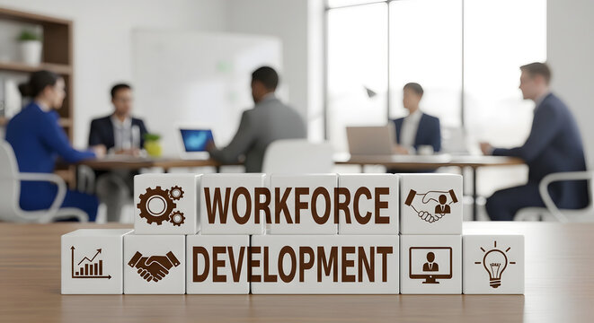 A group of business professionals sitting around a table in a modern office with a focus on workforce development