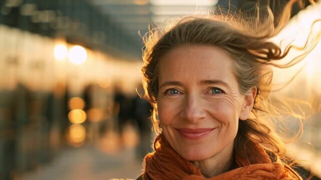 Confident 60-year-old businesswoman smiling on a modern city skywalk at sunset, representing senior leadership, experience, and active professional life in a contemporary corporate environment.