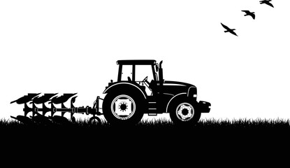 Silhouette vector illustration of a tractor plowing farmland with flying birds above, showing rural agriculture, soil cultivation, farming machinery, and countryside landscape design elements © Shuda