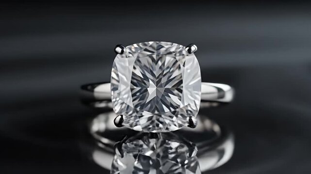 Cushion Cut Diamond Ring with Light Effects - A close-up shot showcases a luxurious cushion cut diamond ring placed on a reflective dark surface.