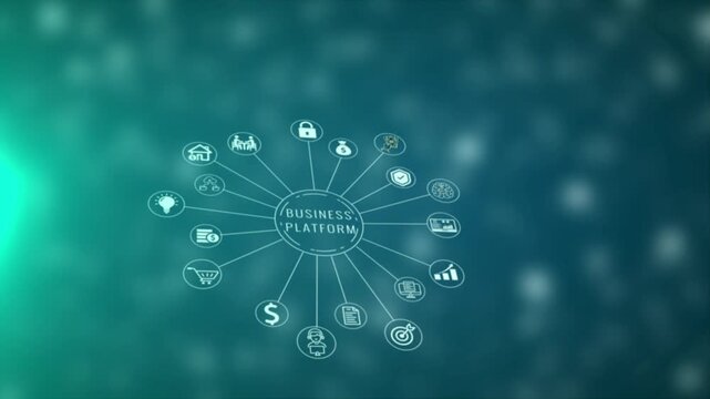 A central circle labeled BUSINESPLATFORM connects via thin white lines to various representing data security finance artificial intelligence and business analytics on a teal blurred