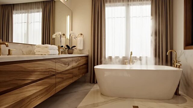 Luxurious Bathroom with Freestanding Tub - A modern bathroom features a natural wood vanity with a marble countertop, complemented by a freestanding tub and soft ambient lighting.