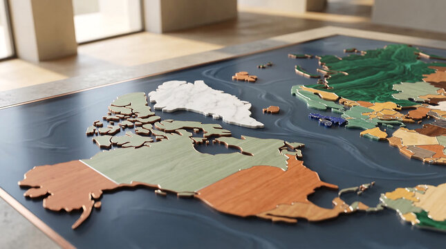 Carte du monde en relief compos&eacute;e de pi&egrave;ces color&eacute;es