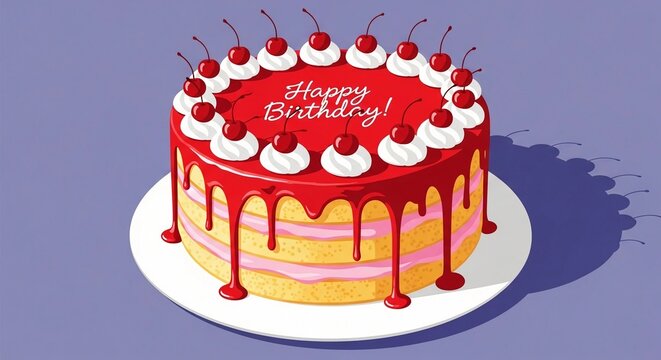 Vibrant delicious birthday cake, a festive centerpiece for joyous celebrations, features glossy red cherry topping with decorative whipped cream, delightful dripping icing, and a heartfelt 'Happy Birt