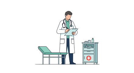Naklejka premium A male doctor in a white lab coat and stethoscope stands, diligently writing on a clipboard, beside an examination bed and a medical cabinet in a sterile white room.