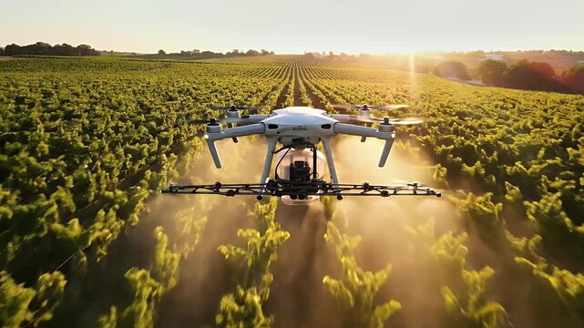 Drone spraying field with sunlight