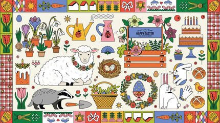 Fototapeta premium A vibrant and whimsical illustration celebrating Easter with a variety of charming elements including farm animals, spring flowers, Easter eggs, and festive decorations.