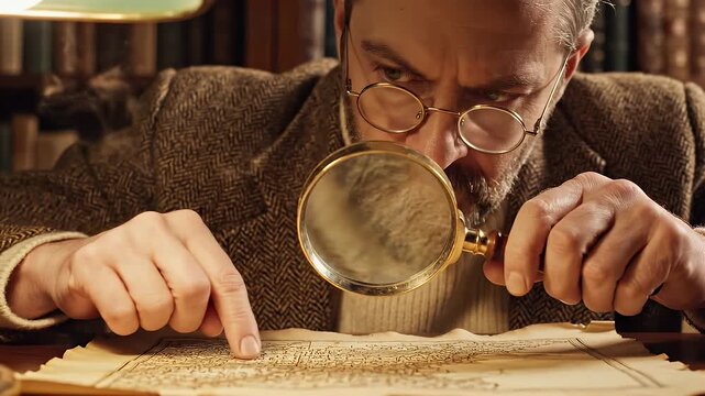 Man Inspecting Map with Magnifying Glass - A man in a tweed jacket and glasses is meticulously examining an old map with a magnifying glass, his finger tracing along a route.