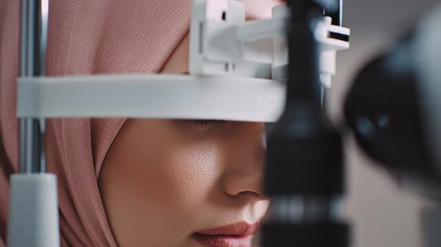 Optometrist performing an eye exam on a young Muslim woman using an autorefractor in a modern clinic, representing professional eye care, medical technology, and vision testing.