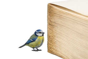Blue tit bird standing next to open book pages © PerfectPhoto