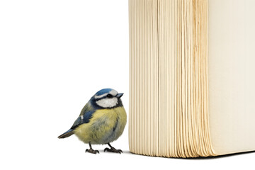Blue tit bird standing beside a large book of knowledge © PerfectPhoto