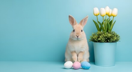 Fototapeta premium Easter bunny with tulips and eggs on blue background