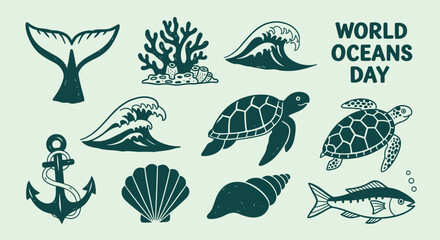 Obraz premium World Oceans Day illustration with marine life and symbols for conservation awareness