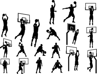 Silhouette vector illustration of basketball players jumping, shooting, dunking, dribbling, and playing game action, professional athletes, sports teamwork, competitive court design © Akadosh