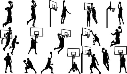 Silhouette vector illustration of basketball players performing slam dunks, dribbling, shooting, jumping, passing, playing game action, sports training, athletic movement, teamwork design © Akadosh