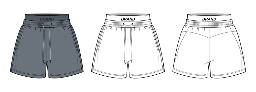 Unisex Athleisure Shorts Technical Fashion Illustration. Panel Constructed Sweat Shorts with Elastic Waist and Drawstring Vector Template. Front and Back View Clothing CAD Mockup.