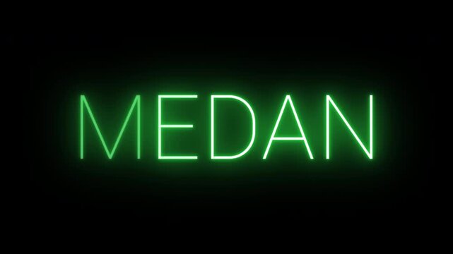 Flickering neon green glowing medan sign animated on black background.