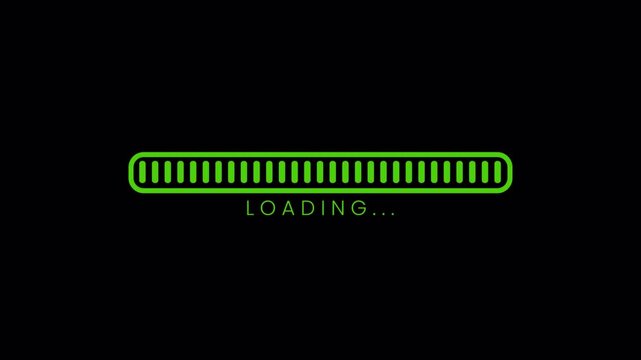 Loading bar animation, progress bar neon green, buffering indicator motion, download progress UI, futuristic loading screen, digital progress indicator, tech loading animation, transparent background 