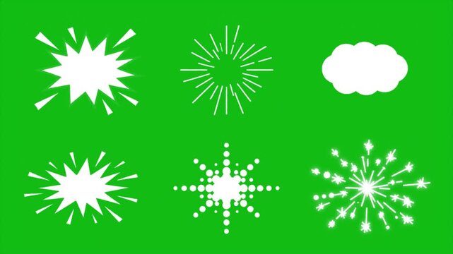 Cartoon burst elements animation video. Comic explosion shapes and sparkle effects pack on green screen background for overlay