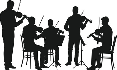 Silhouette vector illustration of musicians playing violins in orchestra performance, classical music concert group, string ensemble artwork for design and educational projects. © Beauty