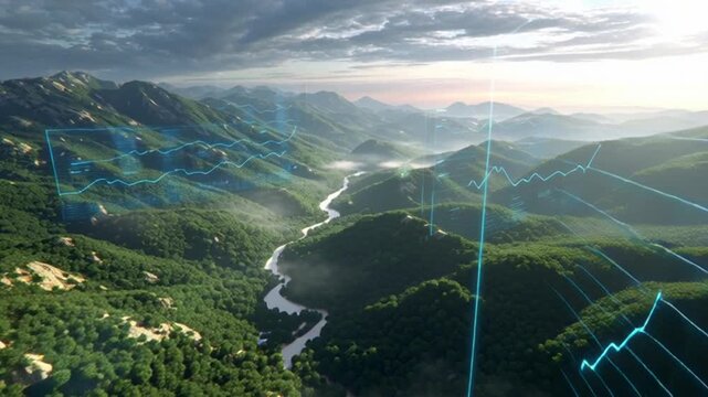 Aerial view of a lush valley with rivers and forests enhanced by floating climate data graphics, visualizing environmental monitoring, climate science, and nature driven analytics.