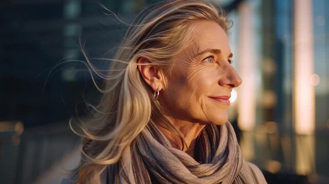 Confident 60-year-old businesswoman smiling on a modern city skywalk at sunset, representing senior leadership, experience, and active professional life in a contemporary corporate environment.