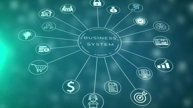A central circle labeled BUSINESYSTEM connects via thin white lines to various representing data security finance artificial intelligence and business analytics on a teal blurred