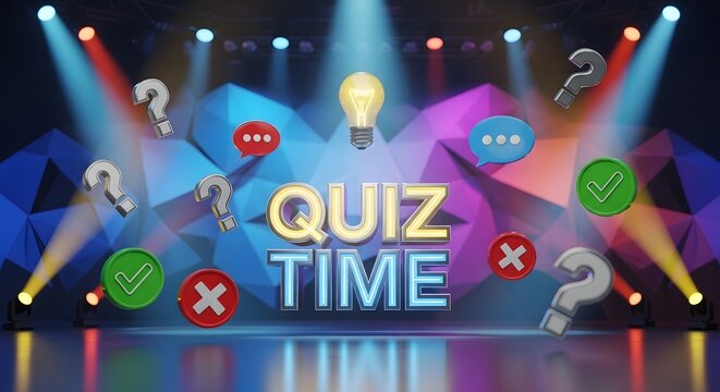 Vibrant quiz time banner with question marks and light bulbs