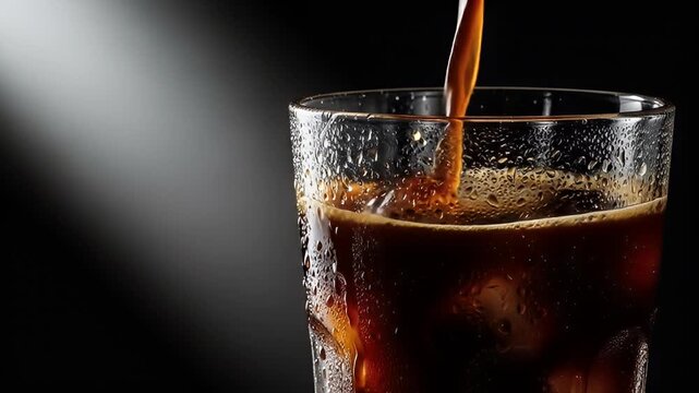 Dark liquid pours into a condensation-covered glass filled with ice, against a dark background