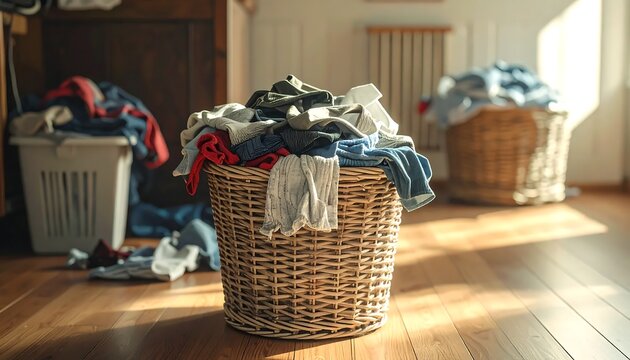 A wicker laundry basket overfilled with clothes on a wooden floor