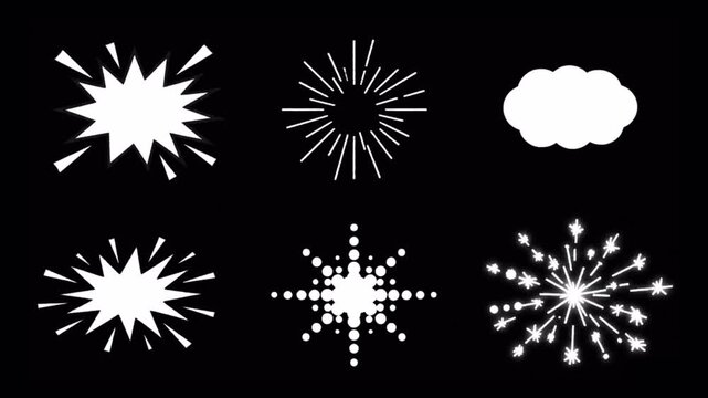 Cartoon burst star explosion animation pack with comic impact shapes, radial flash symbols and cloud pop effect design