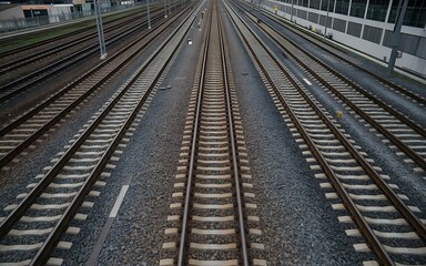 Fototapeta premium Multiple railway tracks converging into the distance under overcast skies