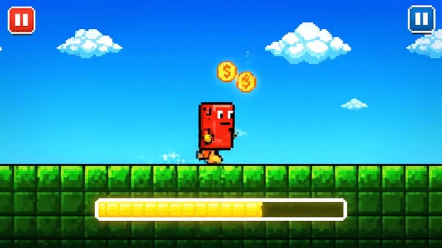 Cloud Pixel 8 Bit Platformer Game Screen with Character and Coins