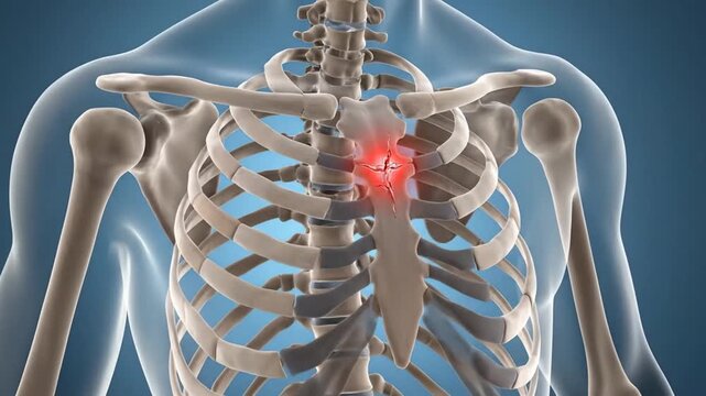3D rendering of human skeleton torso with highlighted sternum pain or injury.